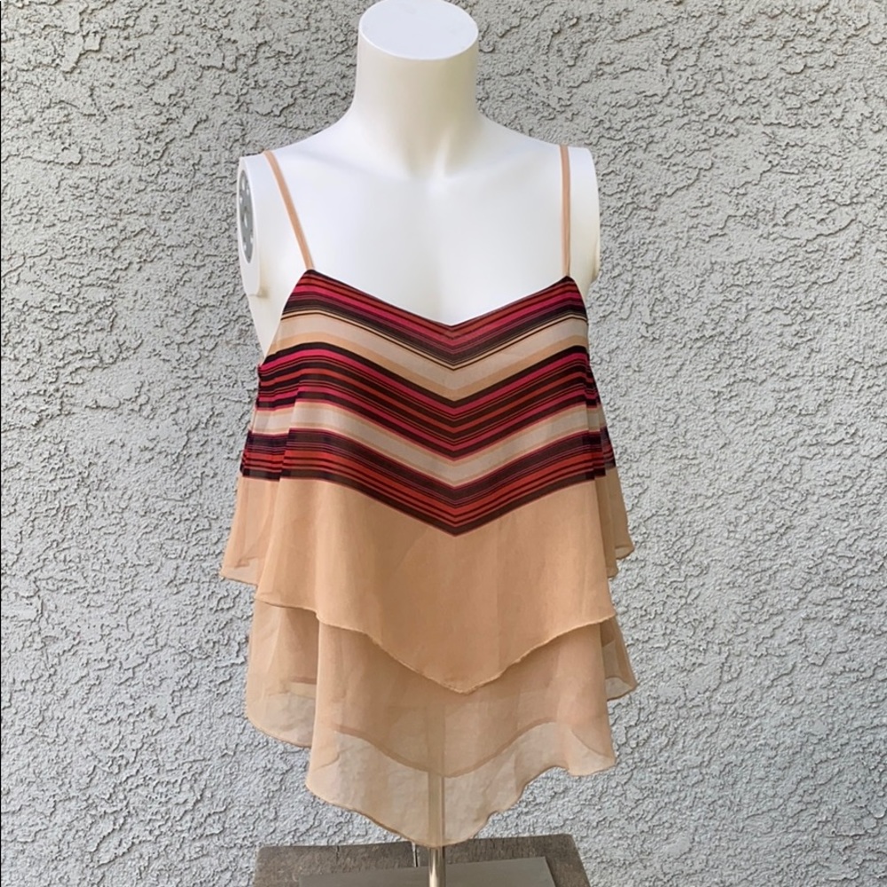 Bebe Chiffon Flowy Asymmetrical Tank Top Blouse 👚 Striped Fall Autumn Neutral